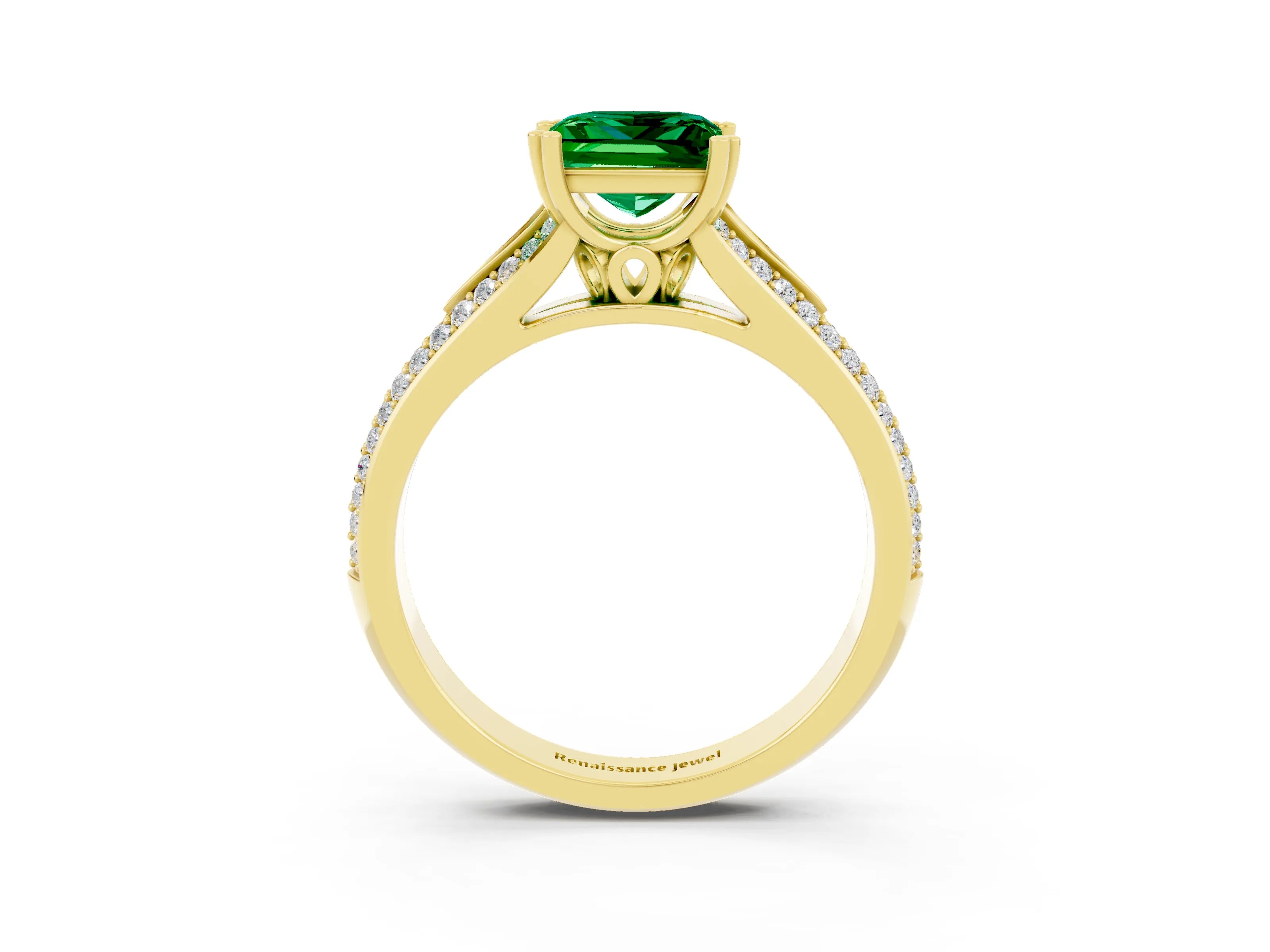 Yellow gold Princess Cut Emerald Split Shank Engagement Ring with Pavé Band_3