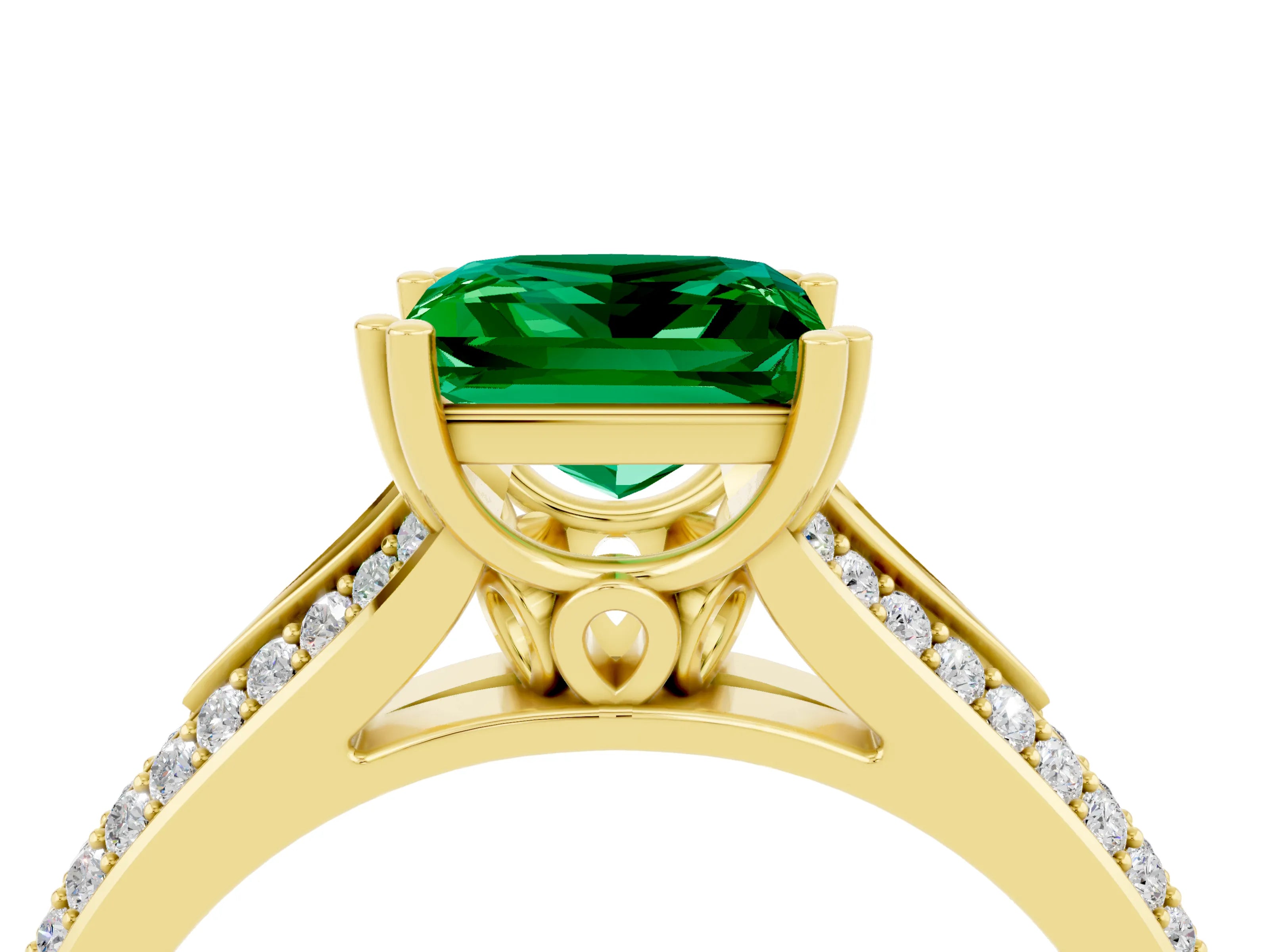 Yellow gold Princess Cut Emerald Split Shank Engagement Ring with Pavé Band_4