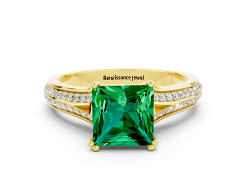Yellow gold Princess Cut Emerald Split Shank Engagement Ring with Pavé Band