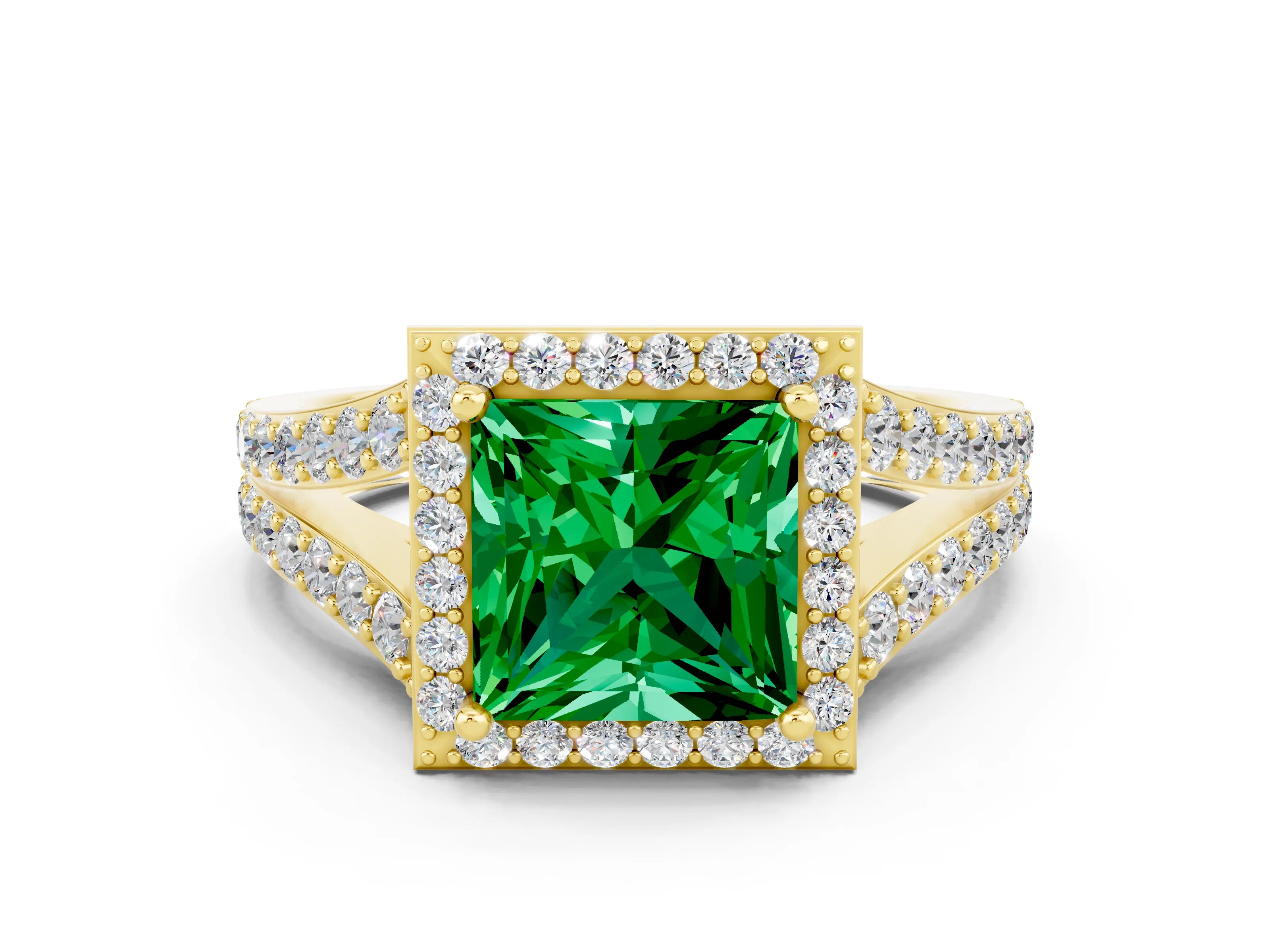 Yellow gold Princess Cut Emerald Split Shank Halo Ring with Four-Prong Setting_12