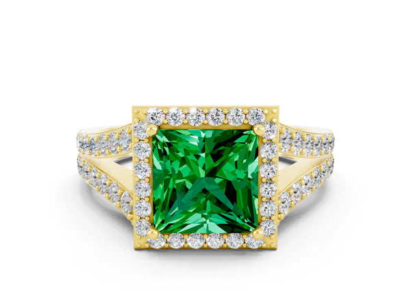 Yellow gold Princess Cut Emerald Split Shank Halo Ring with Four-Prong Setting