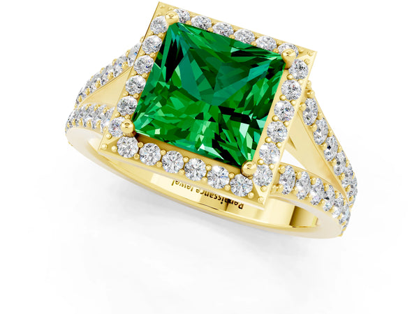 Yellow gold Princess Cut Emerald Split Shank Halo Ring with Four-Prong Setting