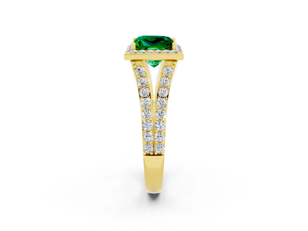 Yellow gold Princess Cut Emerald Split Shank Halo Ring with Four-Prong Setting