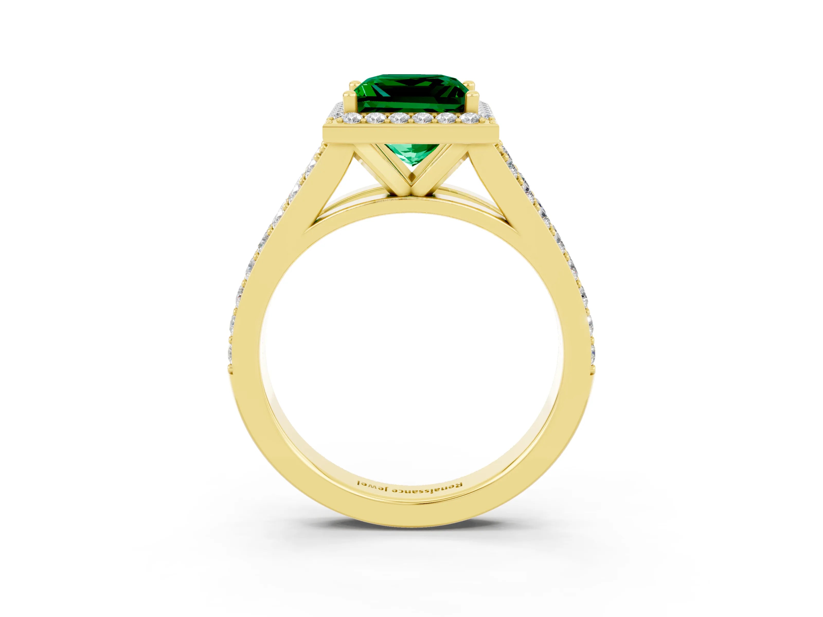 Yellow gold Princess Cut Emerald Split Shank Halo Ring with Four-Prong Setting_15