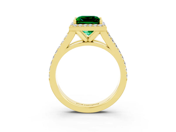 Yellow gold Princess Cut Emerald Split Shank Halo Ring with Four-Prong Setting