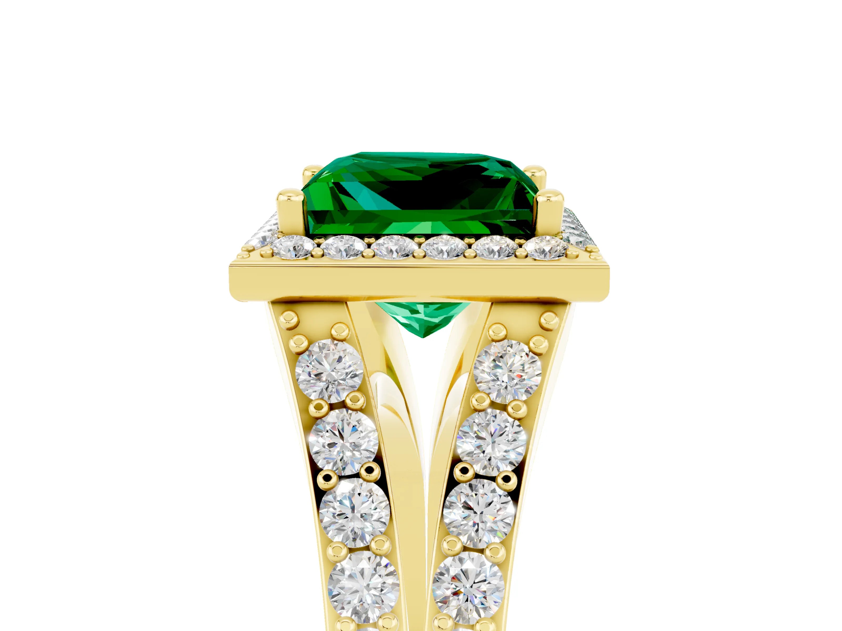 Yellow gold Princess Cut Emerald Split Shank Halo Ring with Four-Prong Setting_17