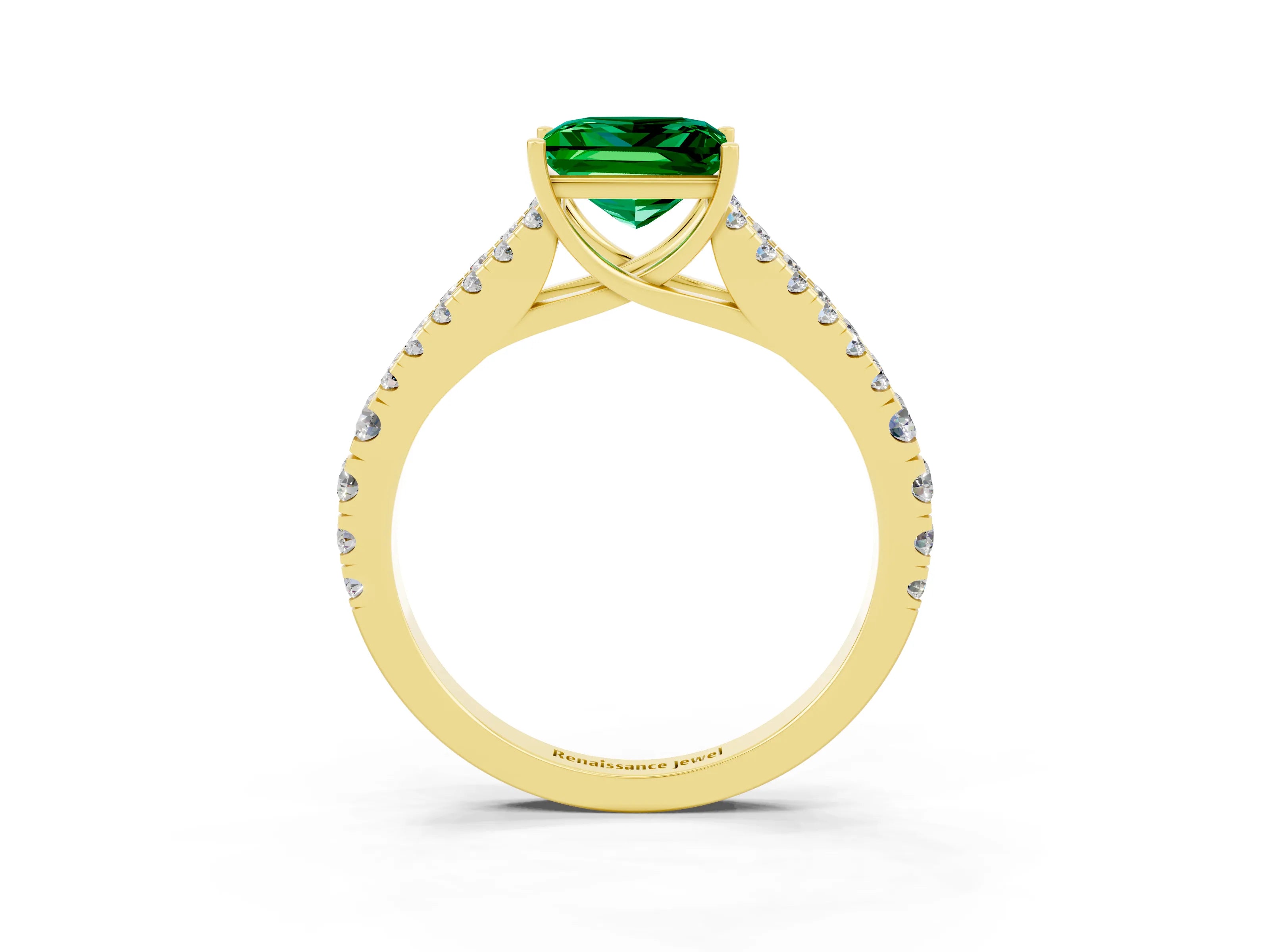 Yellow gold Princess Cut Emerald Split Shank Pavé Engagement Ring with Four-Prong Setting_27