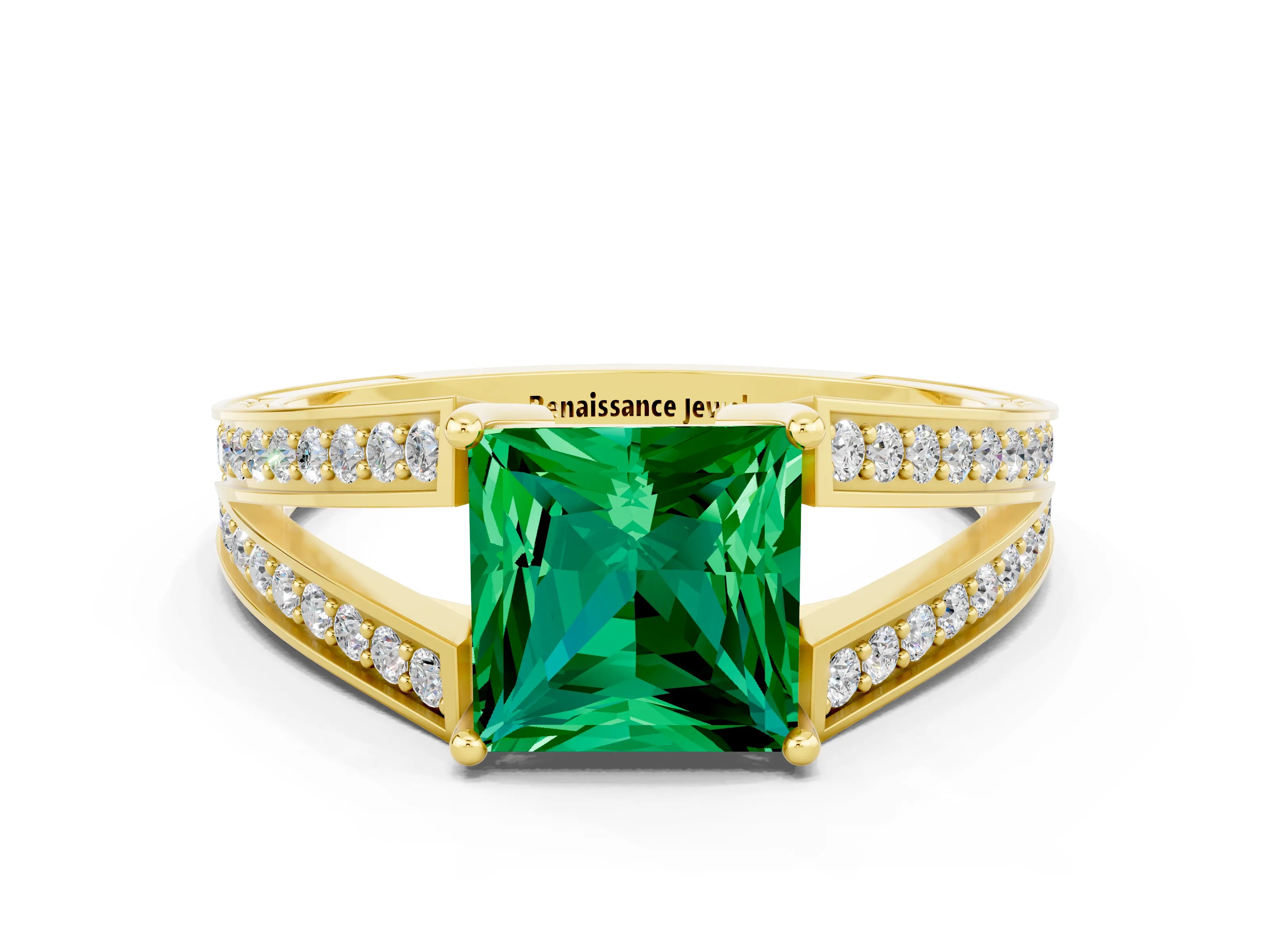 Yellow gold Princess Cut Emerald Split Shank Ring with Pavé Band and Four-Prong Setting