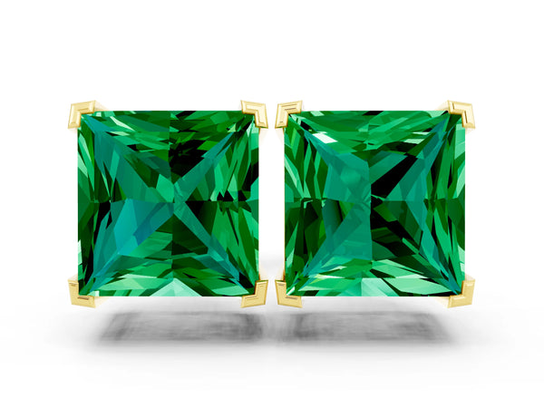 Yellow gold Princess Cut Emerald Stud Earrings
