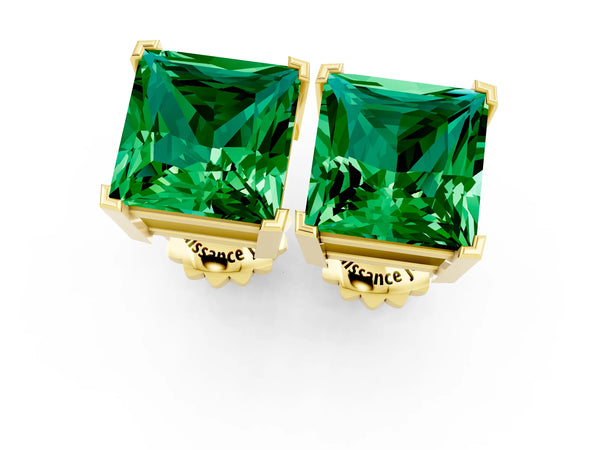 Yellow gold Princess Cut Emerald Stud Earrings