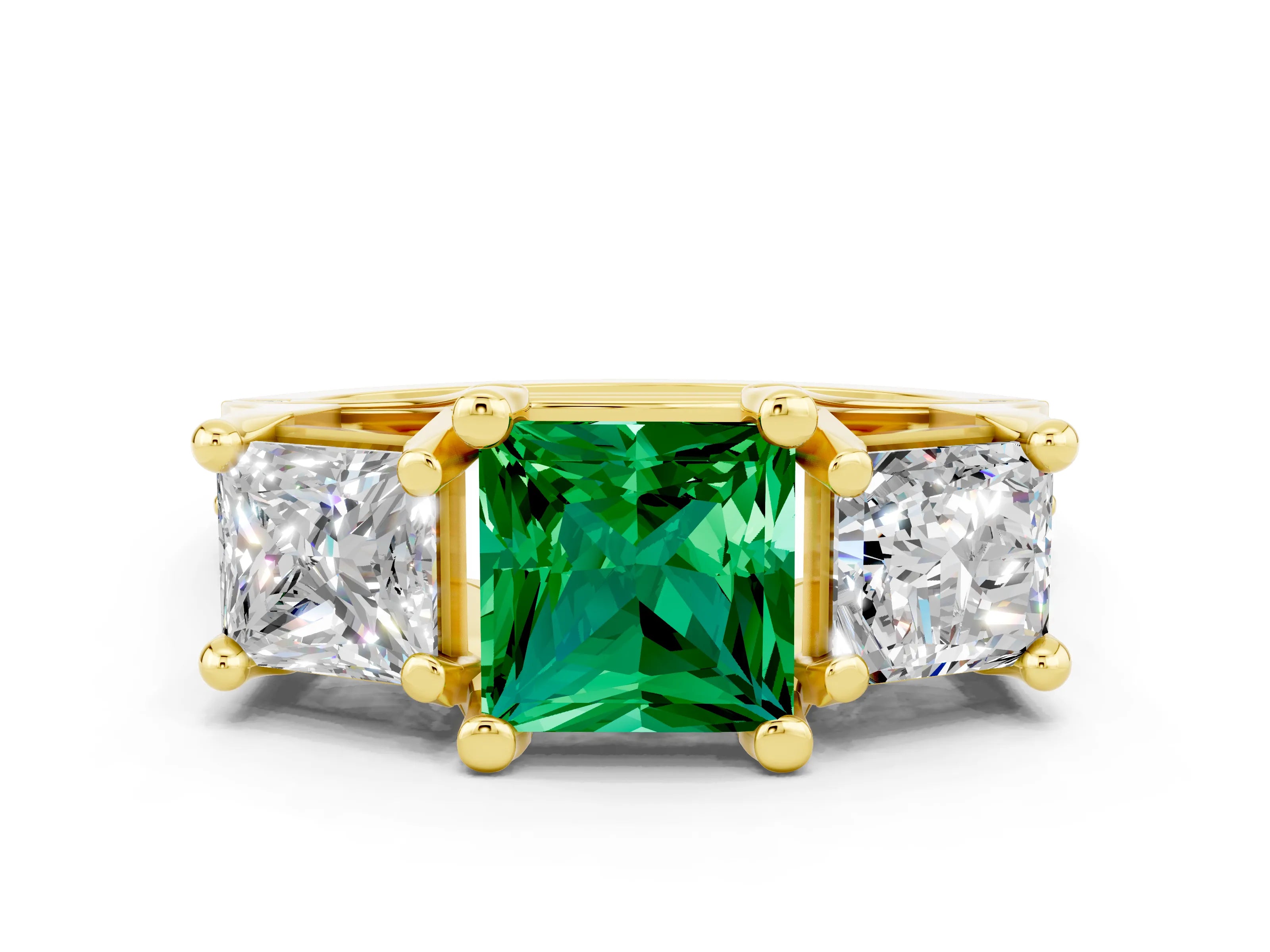 Yellow gold Princess Cut Emerald Three-Stone Ring with Channel Set Band and Four-Prong Setting