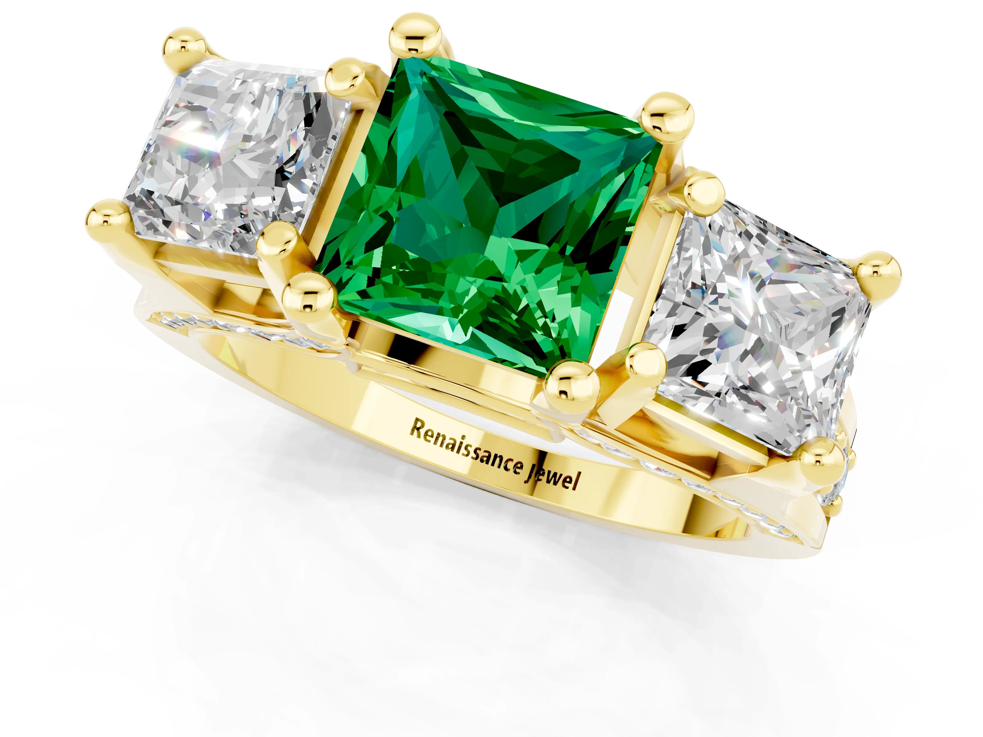 Yellow gold Princess Cut Emerald Three-Stone Ring with Channel Set Band and Four-Prong Setting_1