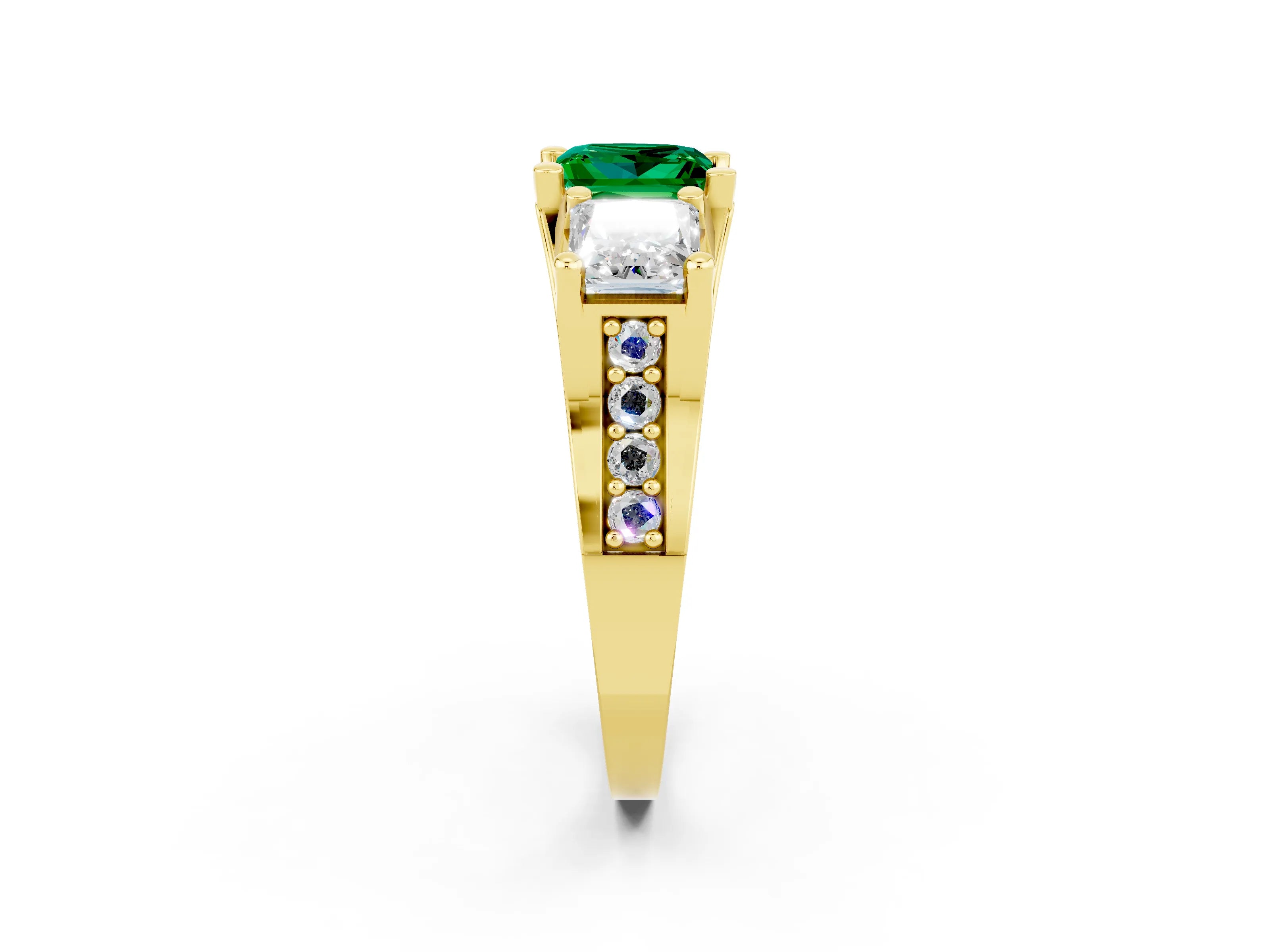 Yellow gold Princess Cut Emerald Three-Stone Ring with Channel Set Band and Four-Prong Setting_2