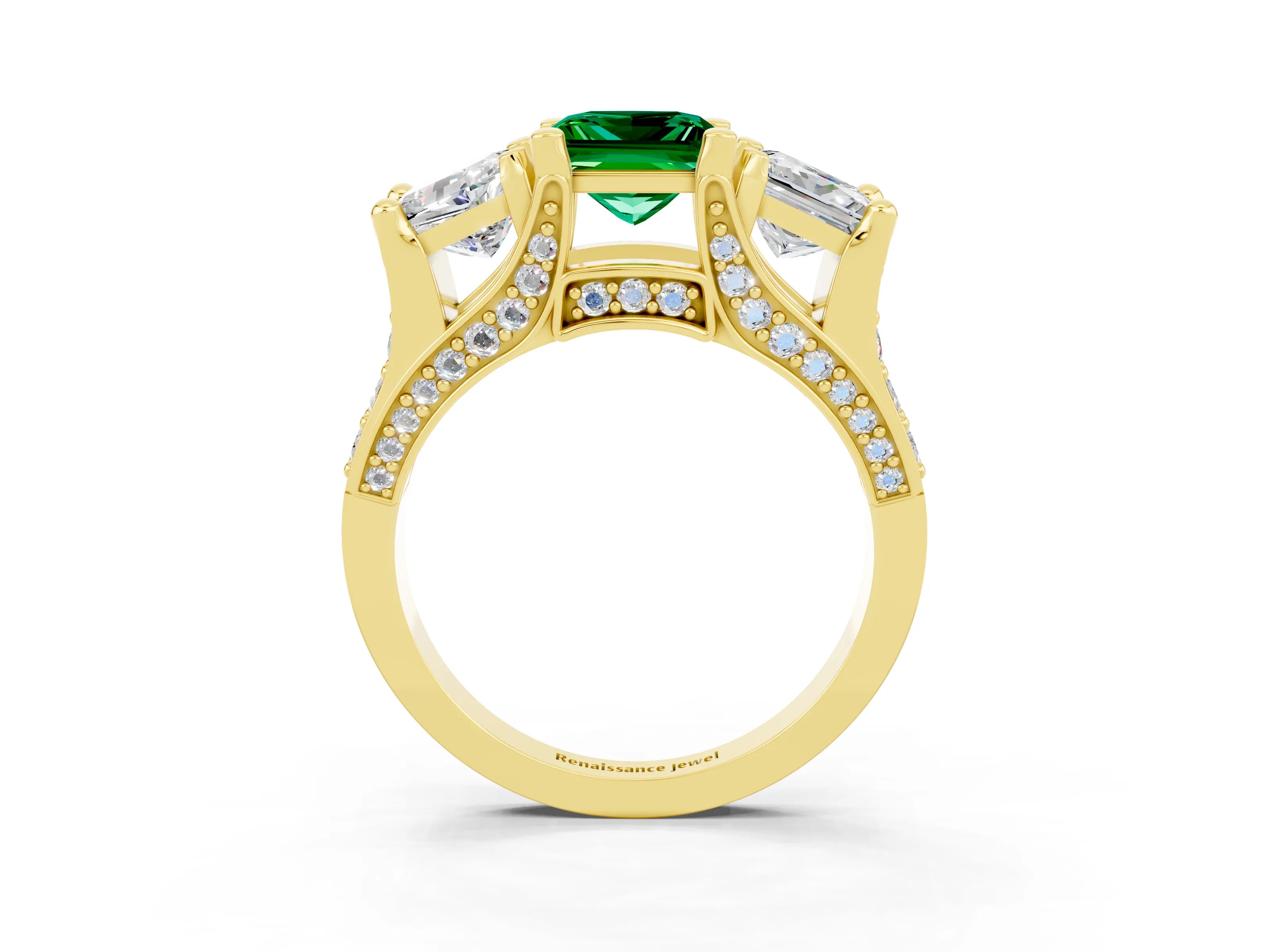 Yellow gold Princess Cut Emerald Three-Stone Ring with Channel Set Band and Four-Prong Setting_3