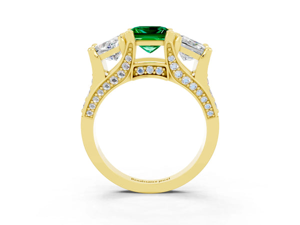 Yellow gold Princess Cut Emerald Three-Stone Ring with Channel Set Band and Four-Prong Setting