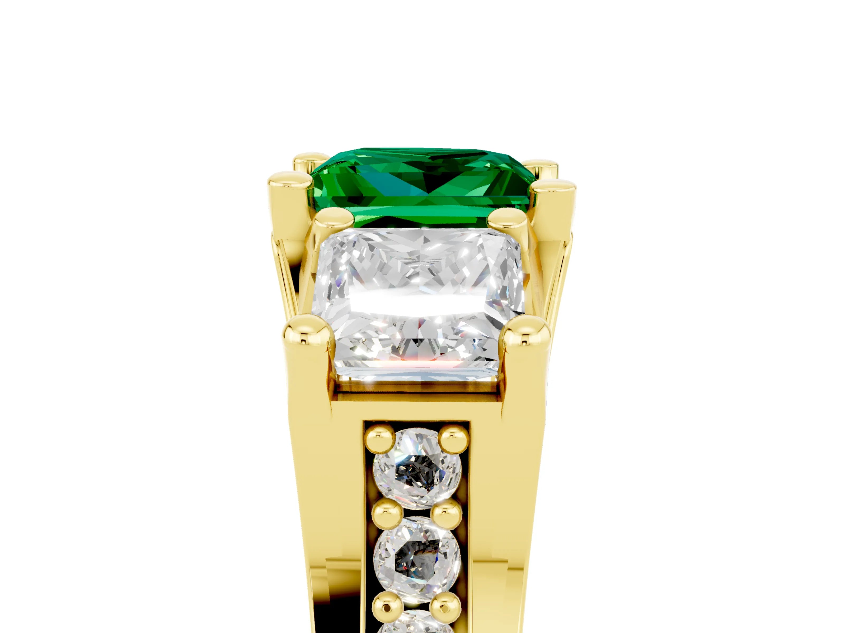 Yellow gold Princess Cut Emerald Three-Stone Ring with Channel Set Band and Four-Prong Setting_5