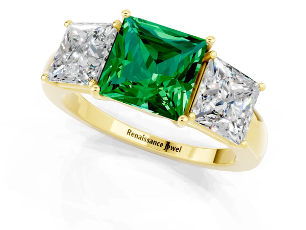 Yellow gold Princess Cut Emerald Three-Stone Ring with Four-Prong Setting and Classic Band
