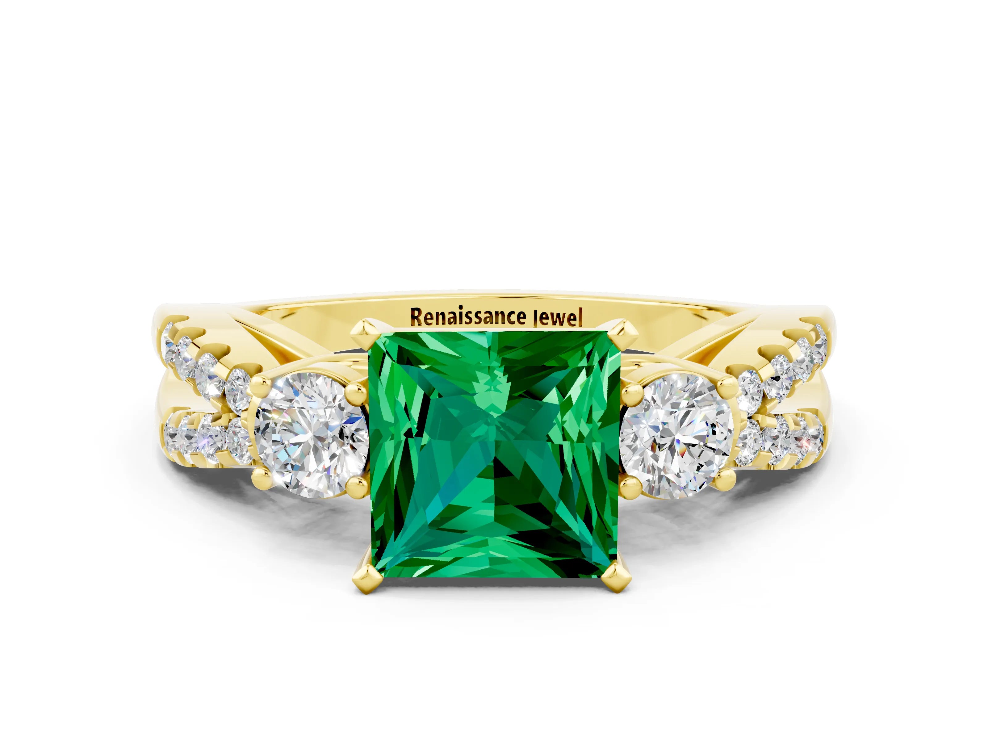 Yellow gold Princess Cut Emerald Three-Stone Ring with Pavé Split Shank and Four-Prong Setting