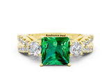 Yellow gold Princess Cut Emerald Three-Stone Ring with Pavé Split Shank and Four-Prong Setting