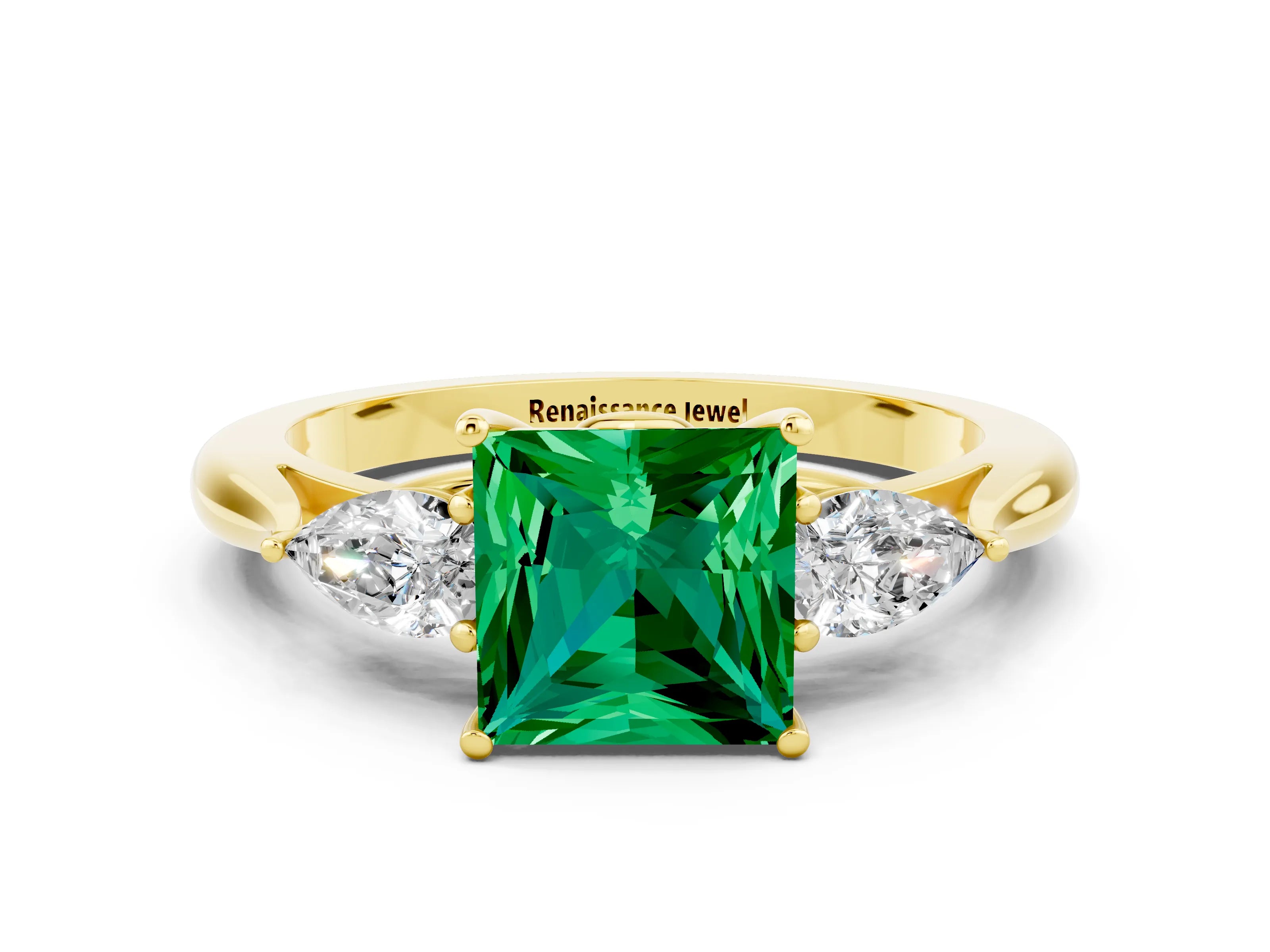 Yellow gold Princess Cut Emerald Three-Stone Ring with Pear Side Stones and Four-Prong Setting_12