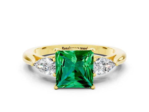 Yellow gold Princess Cut Emerald Three-Stone Ring with Pear Side Stones and Four-Prong Setting_12