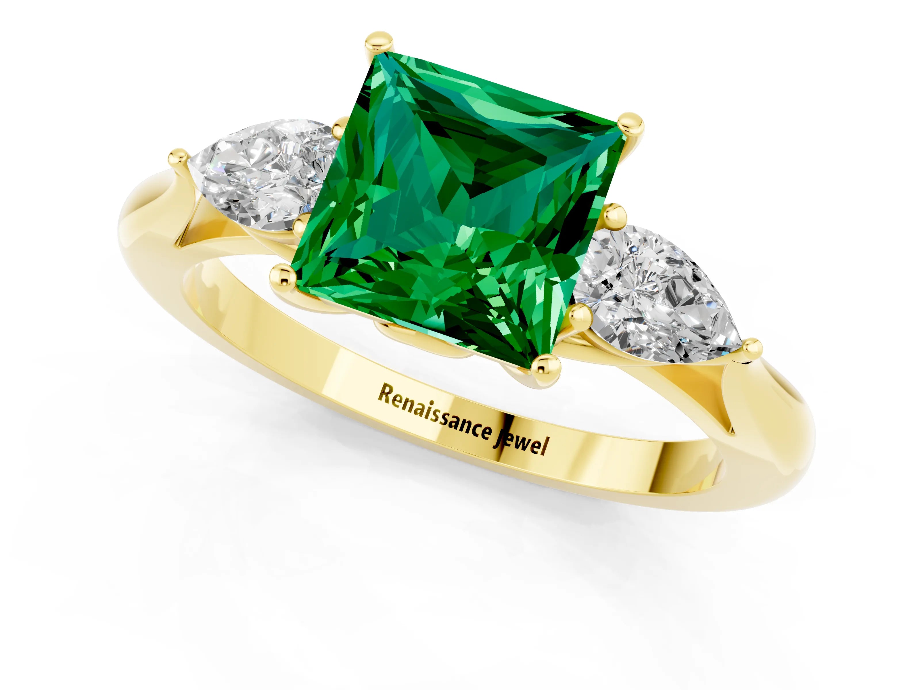 Yellow gold Princess Cut Emerald Three-Stone Ring with Pear Side Stones and Four-Prong Setting_13