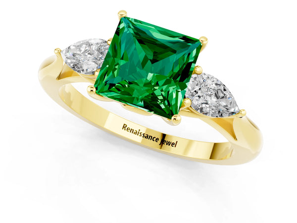 Yellow gold Princess Cut Emerald Three-Stone Ring with Pear  Side Stones and Prong Setting