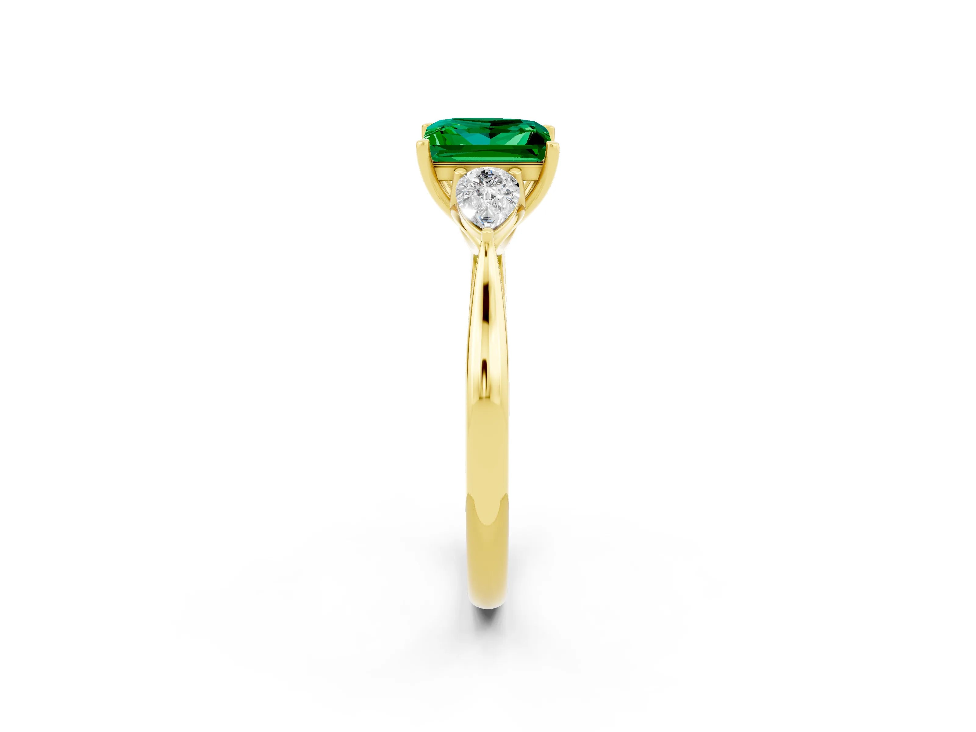 Yellow gold Princess Cut Emerald Three-Stone Ring with Pear Side Stones and Four-Prong Setting_14