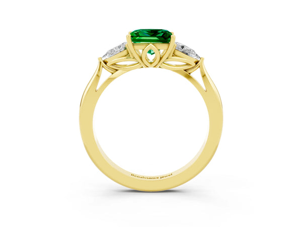 Yellow gold Princess Cut Emerald Three-Stone Ring with Pear  Side Stones and Prong Setting