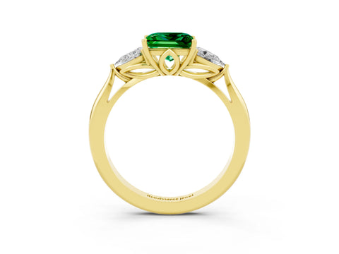 Yellow gold Princess Cut Emerald Three-Stone Ring with Pear Side Stones and Four-Prong Setting_15