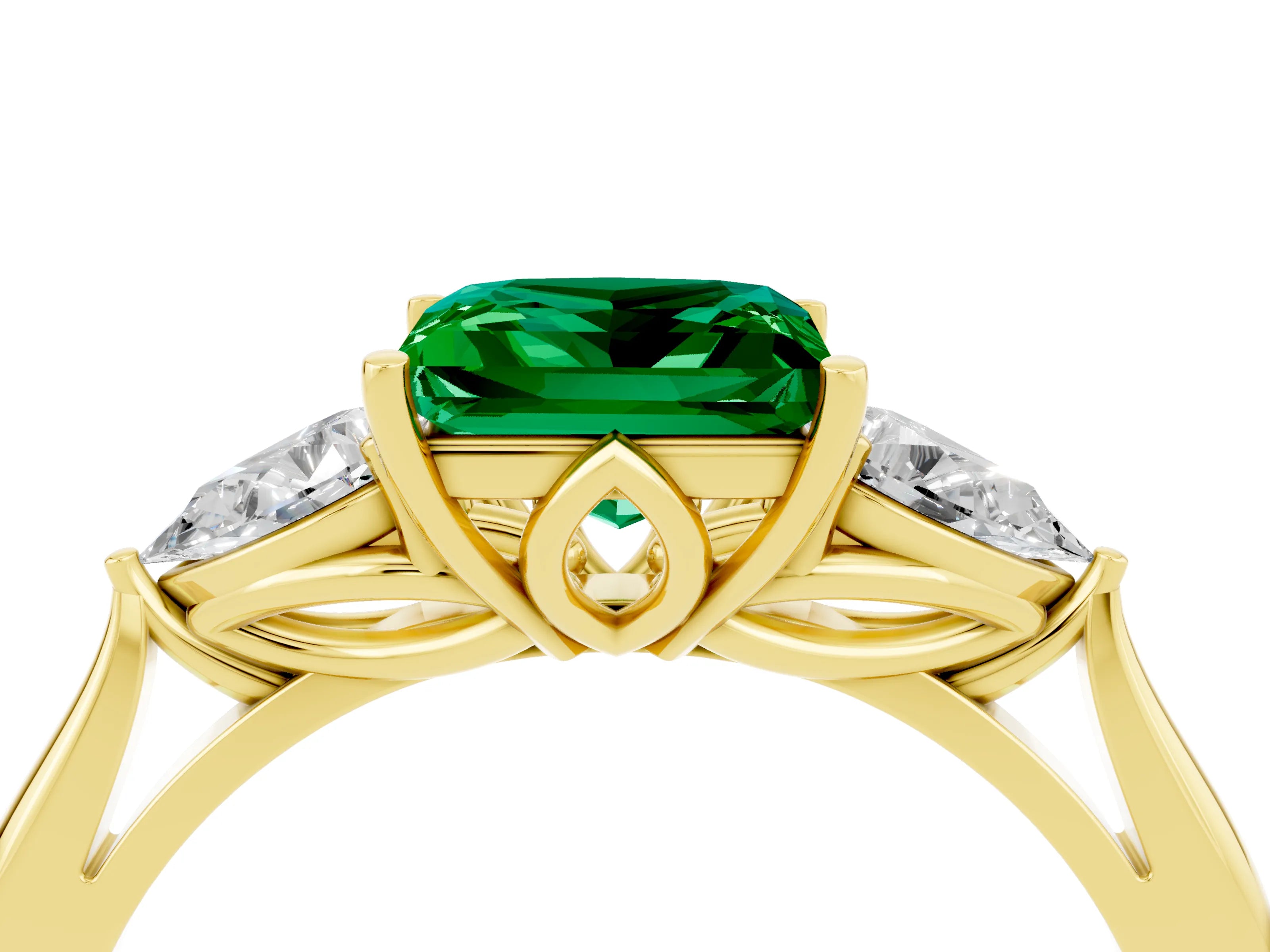 Yellow gold Princess Cut Emerald Three-Stone Ring with Pear Side Stones and Four-Prong Setting_16