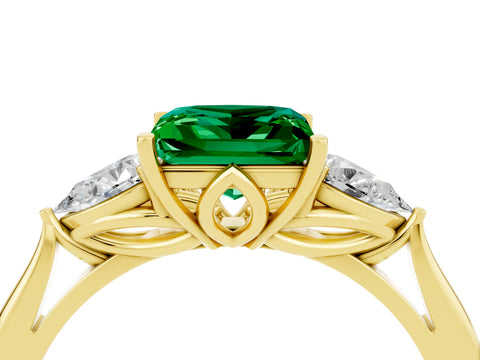 Yellow gold Princess Cut Emerald Three-Stone Ring with Pear Side Stones and Four-Prong Setting_16