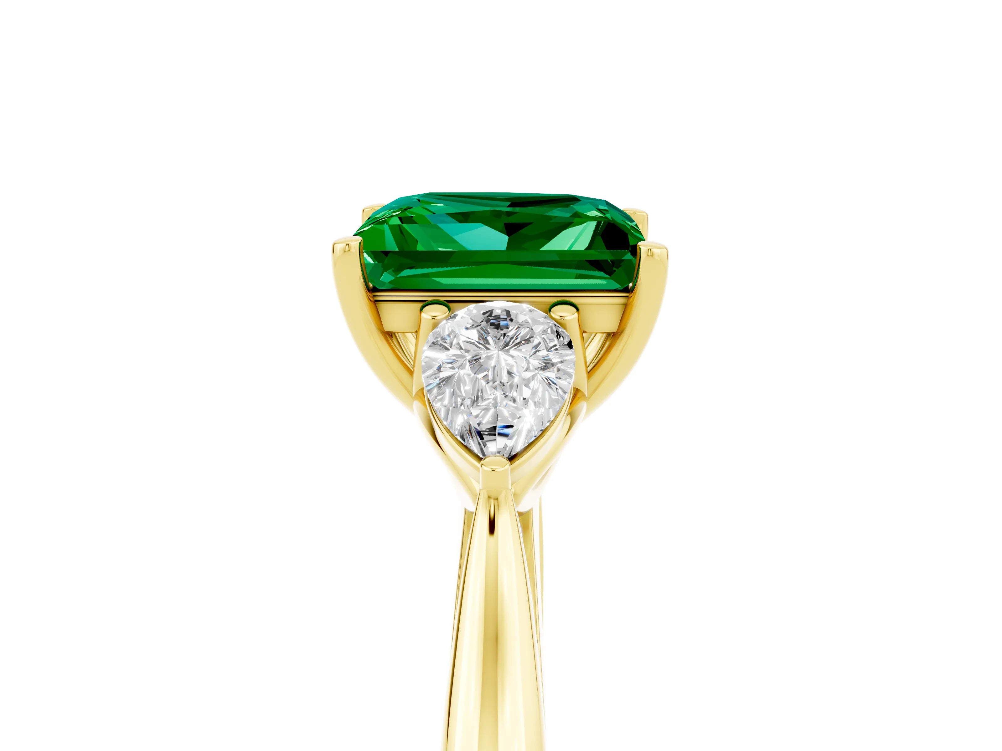 Yellow gold Princess Cut Emerald Three-Stone Ring with Pear Side Stones and Four-Prong Setting_17