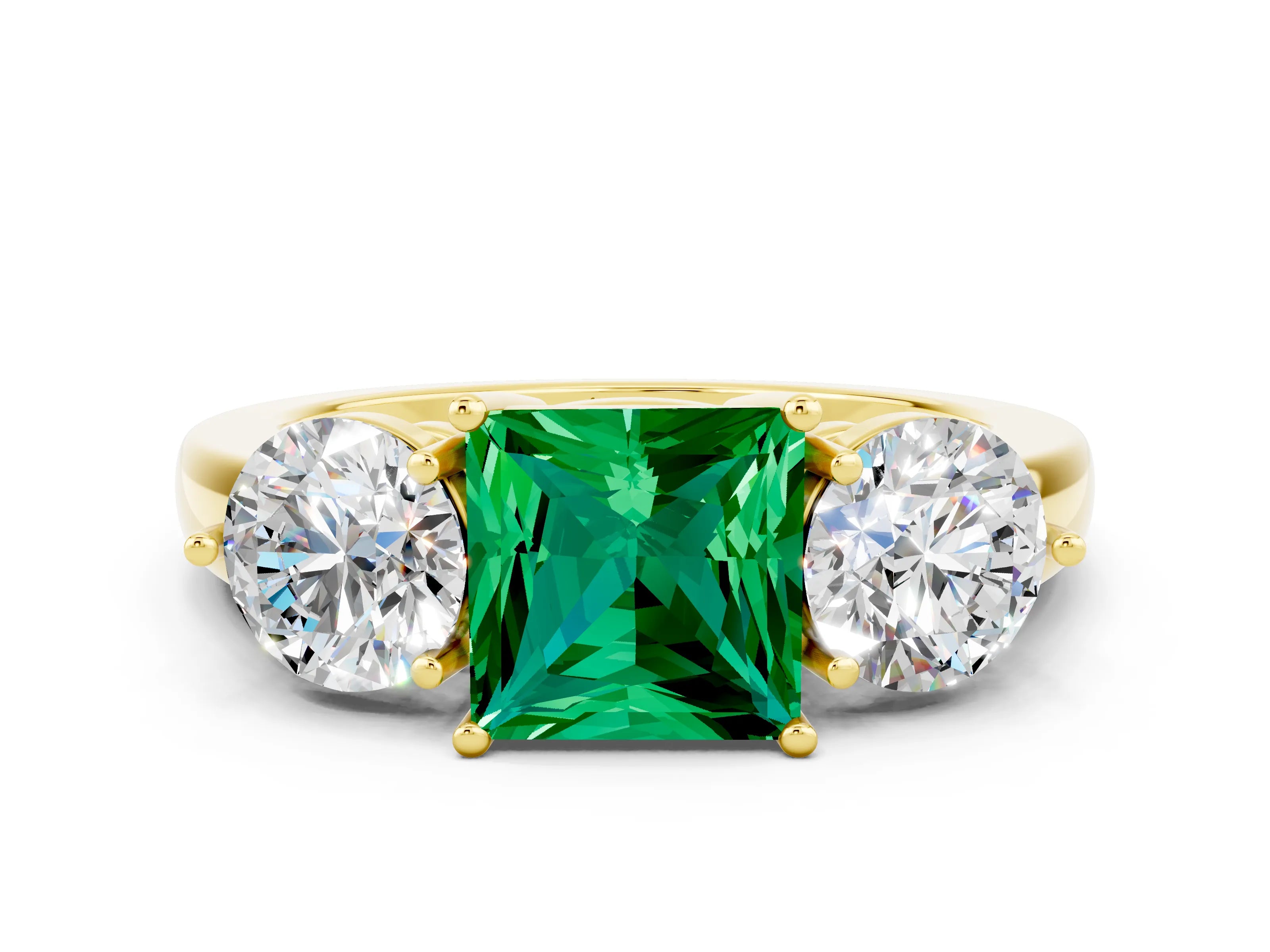 Yellow gold Princess Cut Emerald Three-Stone Ring with Prong Setting and Classic Band