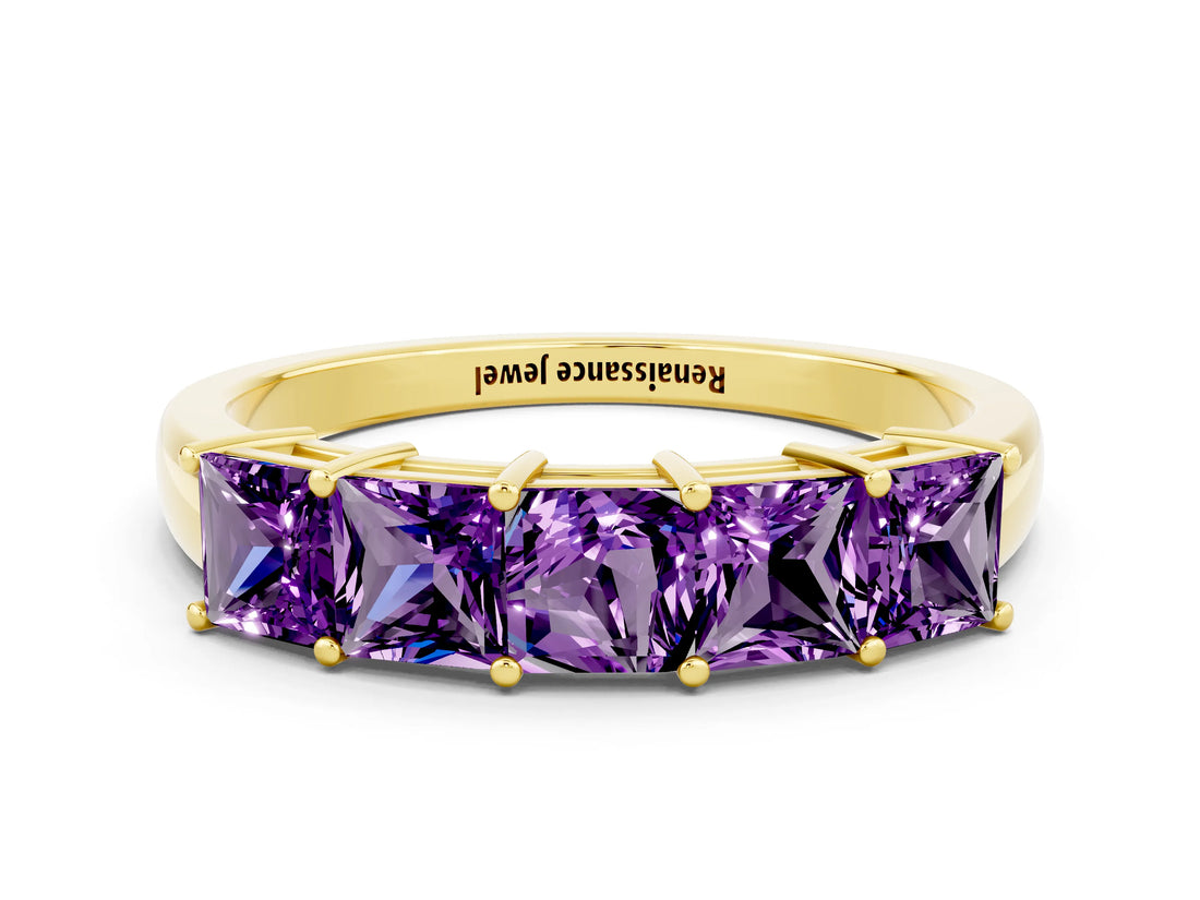 Yellow gold Princess Cut Five-Stone Amethyst Band with Prong Setting_6