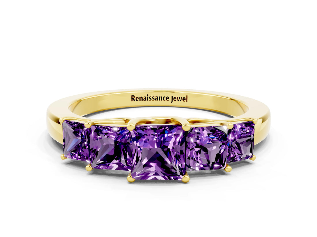 Yellow gold Princess Cut Five-Stone Amethyst Ring with Classic Prong Setting_6