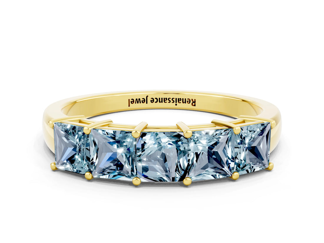 Yellow gold Princess Cut Five-Stone Aquamarine Band with Prong Setting_6