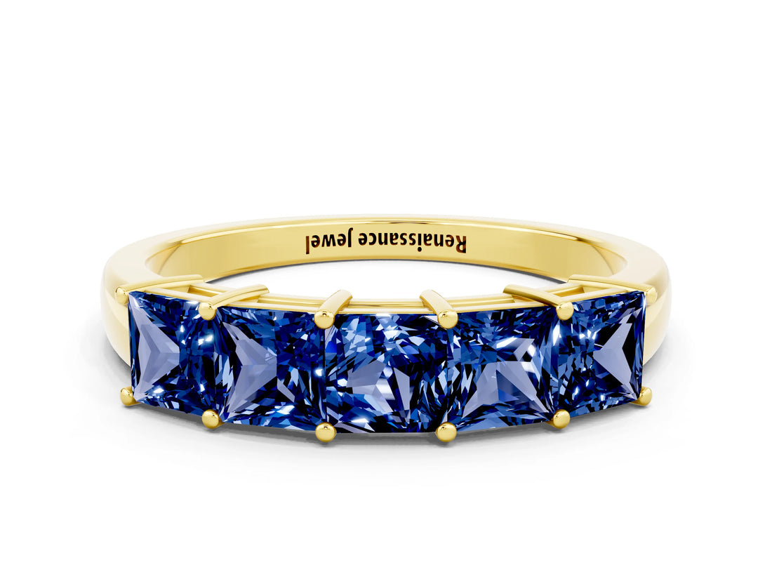 Yellow gold Princess Cut Five-Stone Blue Sapphire Band with Prong Setting_6