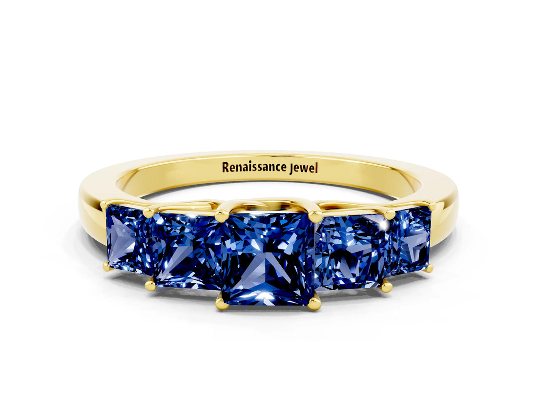 Yellow gold Princess Cut Five-Stone Blue Sapphire Ring with Classic Prong Setting_6