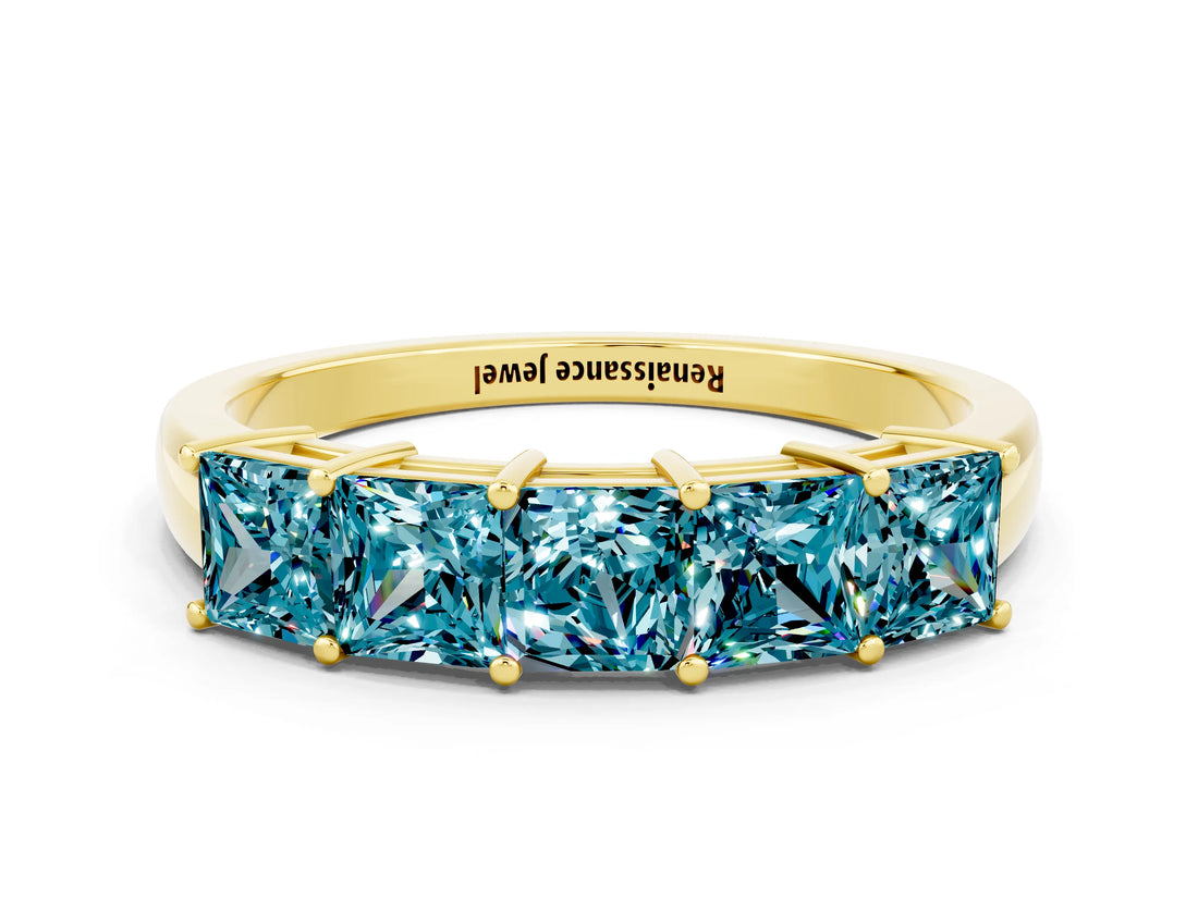 Yellow gold Princess Cut Five-Stone Blue Topaz Band with Prong Setting_6