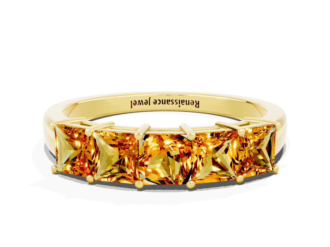 Yellow gold Princess Cut Five-Stone Citrine Band with Prong Setting_6