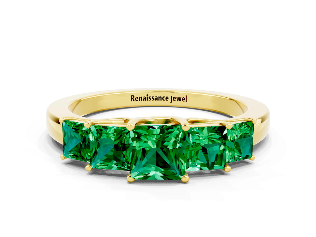 Yellow gold Princess Cut Five-Stone Emerald Ring with Classic Prong Setting_6