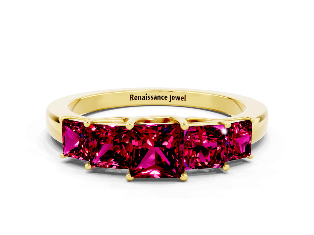 Yellow gold Princess Cut Five-Stone Garnet Ring with Classic Prong Setting_6