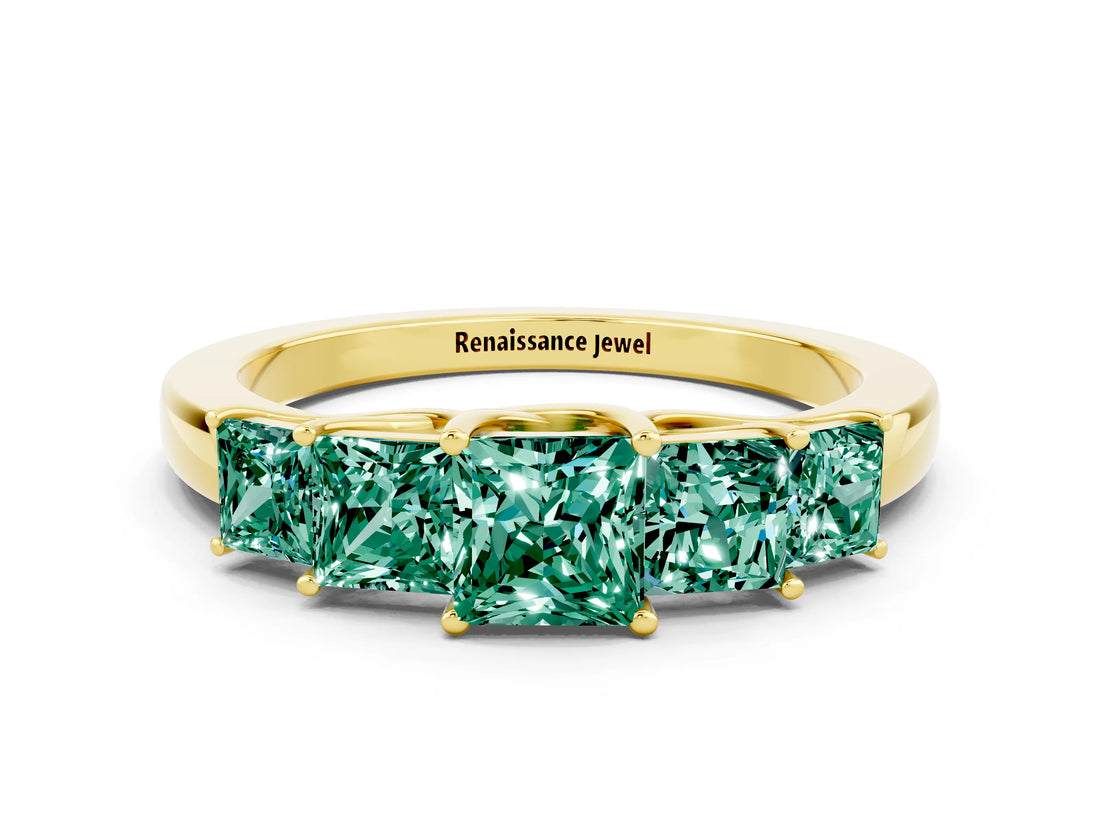 Yellow gold Princess Cut Five-Stone Green Sapphire Ring with Classic Prong Setting_6