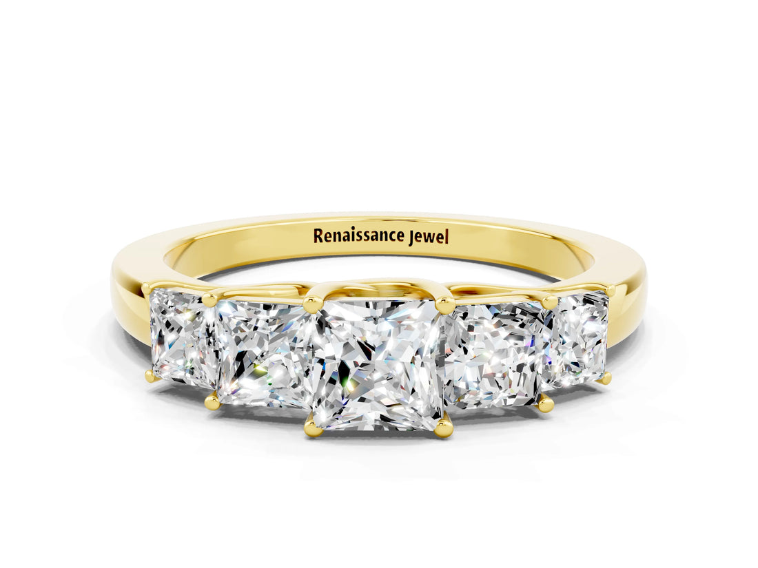 Yellow gold Princess Cut Five-Stone Moissanite Ring with Classic Prong Setting_6