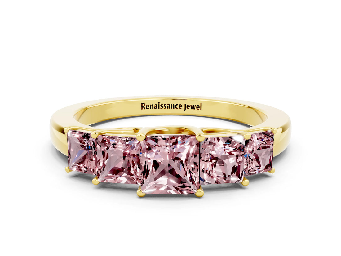 Yellow gold Princess Cut Five-Stone Morganite Ring with Classic Prong Setting_6