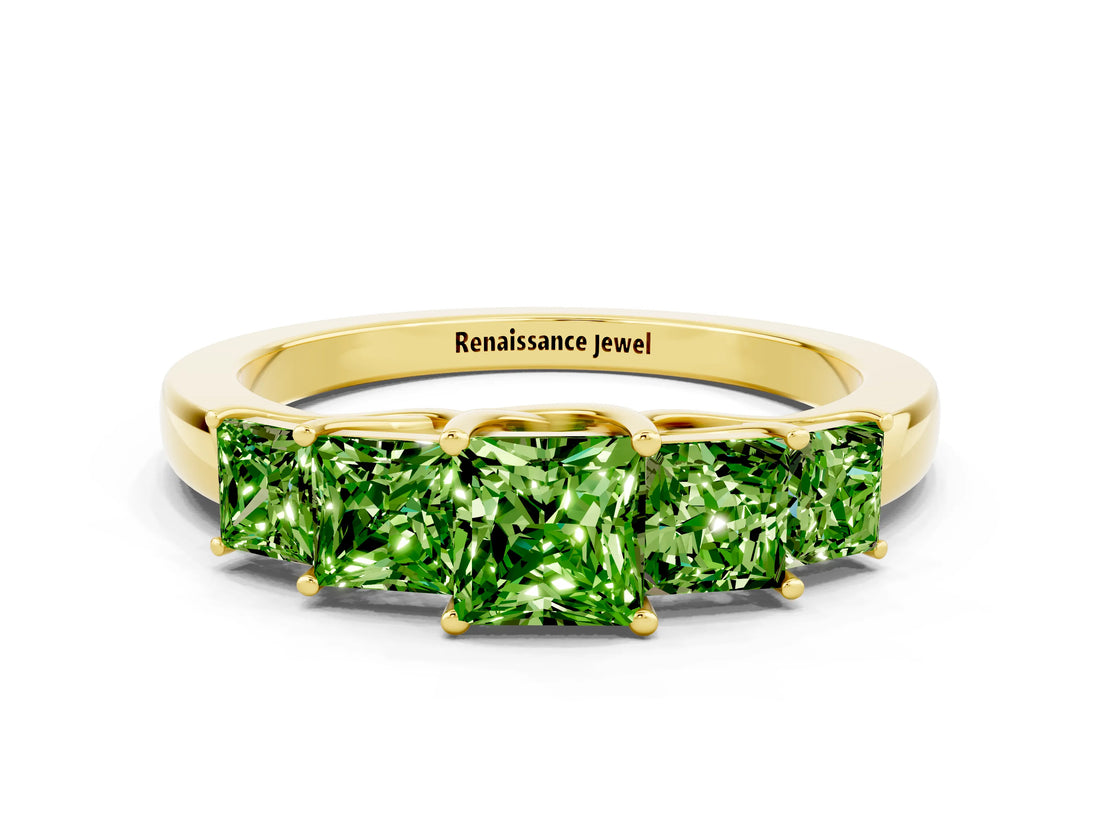 Yellow gold Princess Cut Five-Stone Peridot Ring with Classic Prong Setting_6
