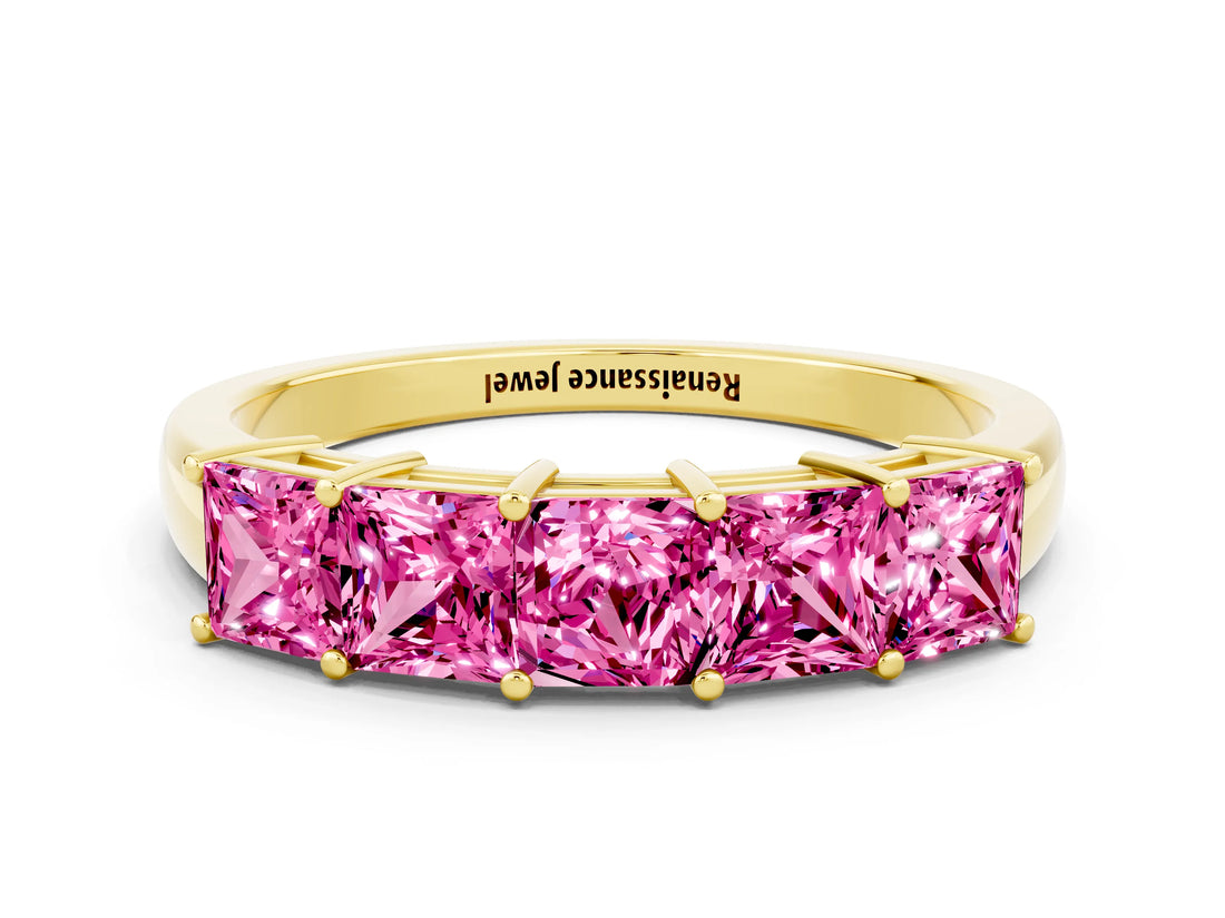 Yellow gold Princess Cut Five-Stone Pink Sapphire Band with Prong Setting_18