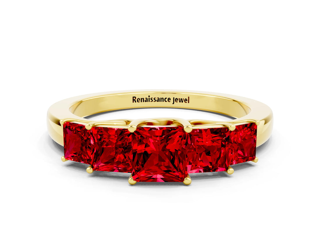 Yellow gold Princess Cut Five-Stone Ruby Ring with Classic Prong Setting_6