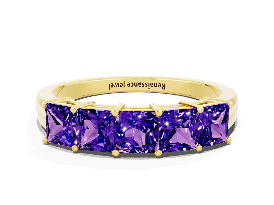 Yellow gold Princess Cut Five-Stone Tanzanite Band with Prong Setting_6